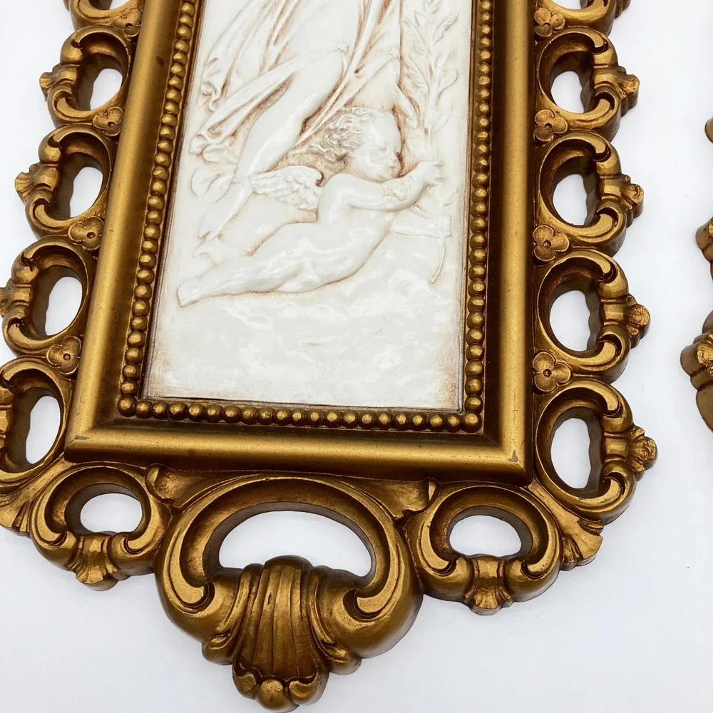 Homco Wall Plaques 7410 B Set of 2 Gold Vintage 1976 Angel Cherub Relief